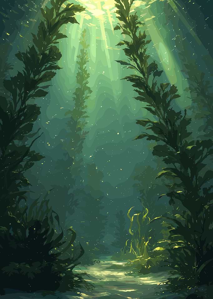 Underwater Kelp Forest with Sunbeams