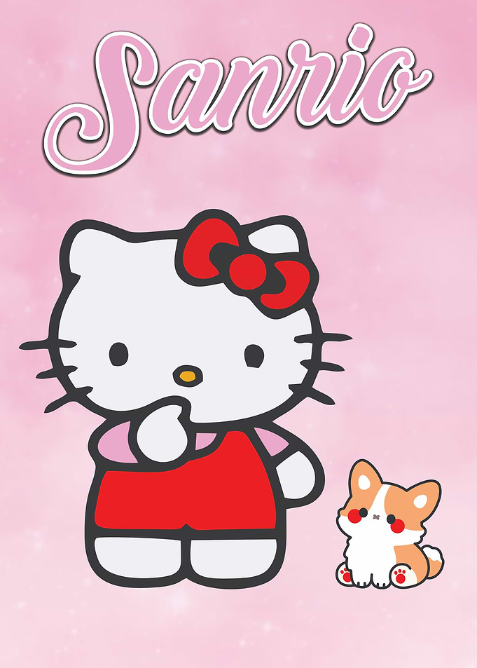 Hello Kitty and Corgi with Sanrio Text