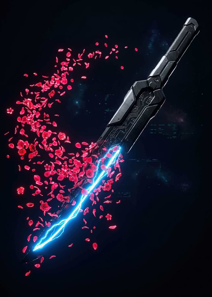Cyberpunk Sword with Rose Petals and Lightning