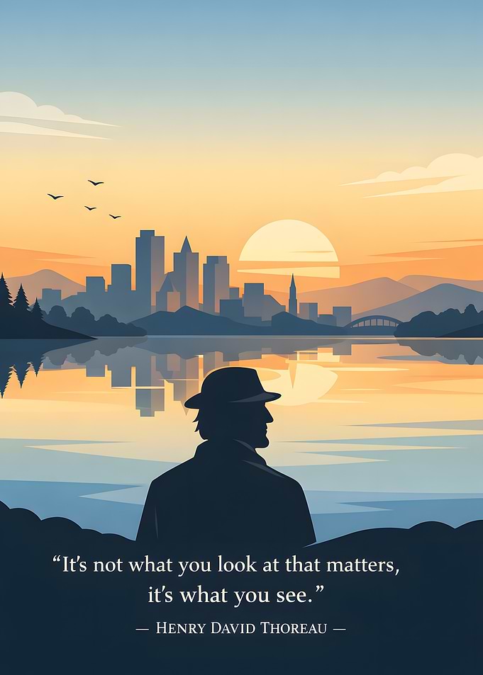 Man overlooking city at sunset