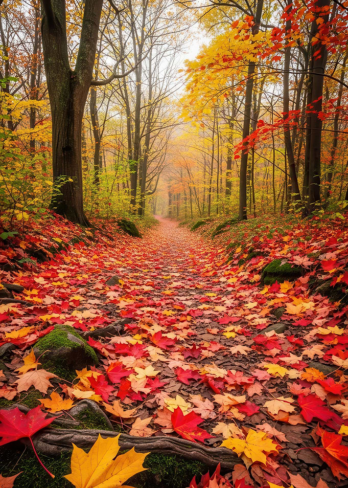 Autumn forest path covered in leaves