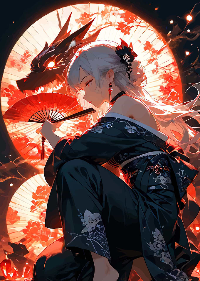 Anime Girl with Dragon and Fan