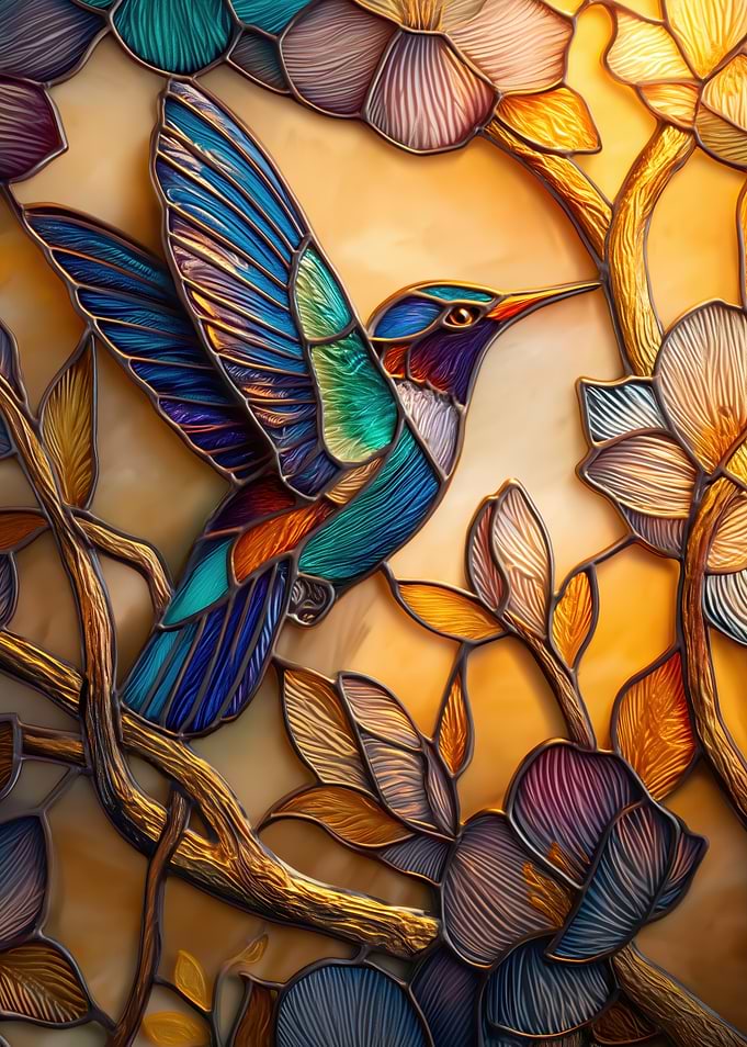 Stained Glass Hummingbird and Flowers