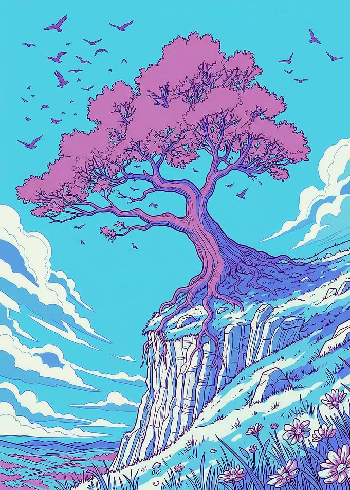 Tree on a Cliff with Birds