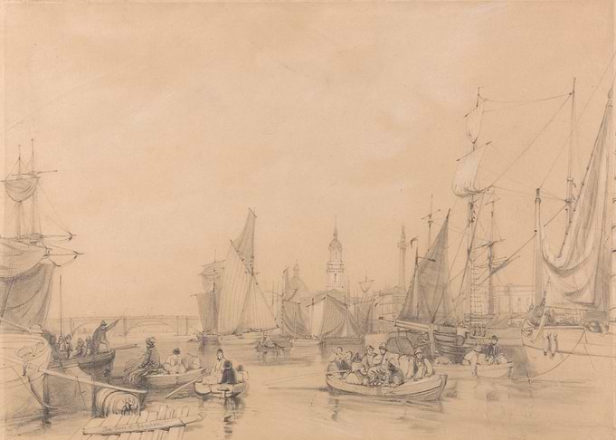 Busy Harbor Scene with Sailboats and Rowboats
