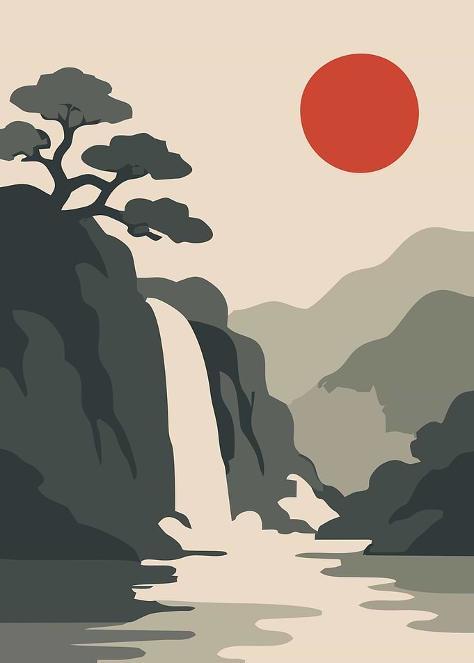 Japanese Waterfall Landscape with Sun