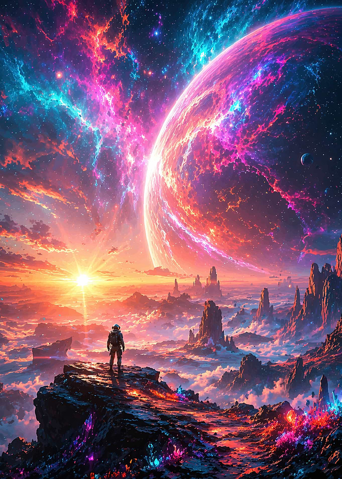 Astronaut on alien planet with nebula