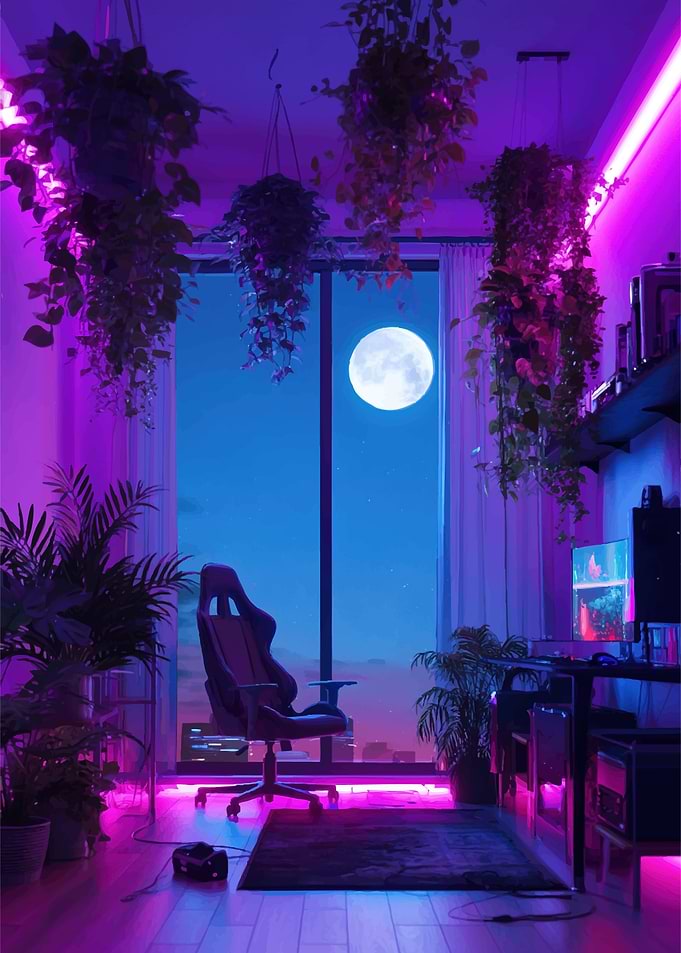 Cyberpunk Gaming Room with Moon View
