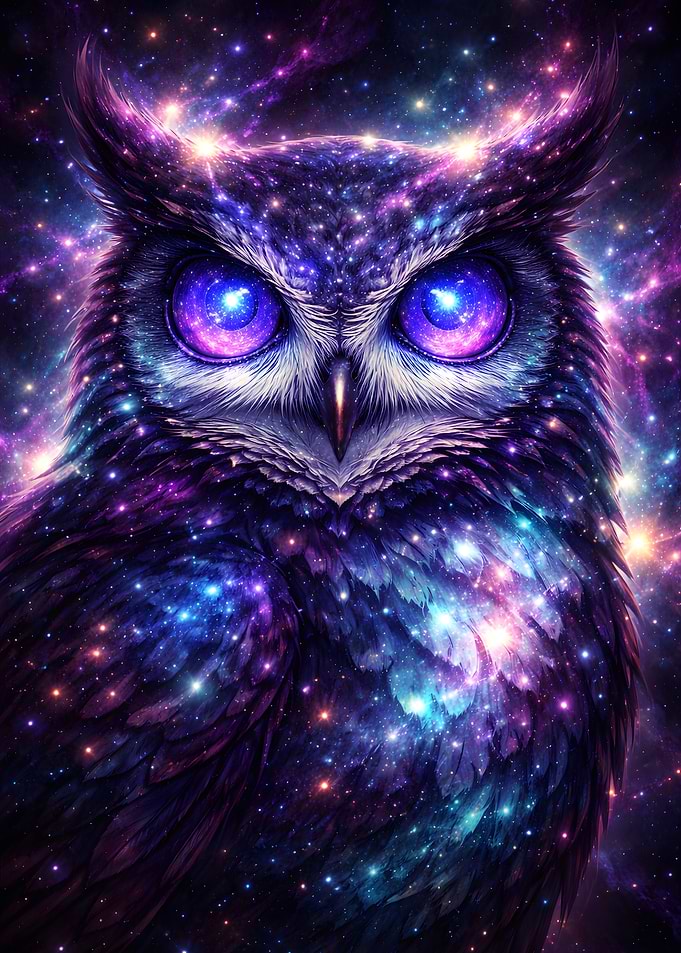 Cosmic Owl with Galaxy Eyes