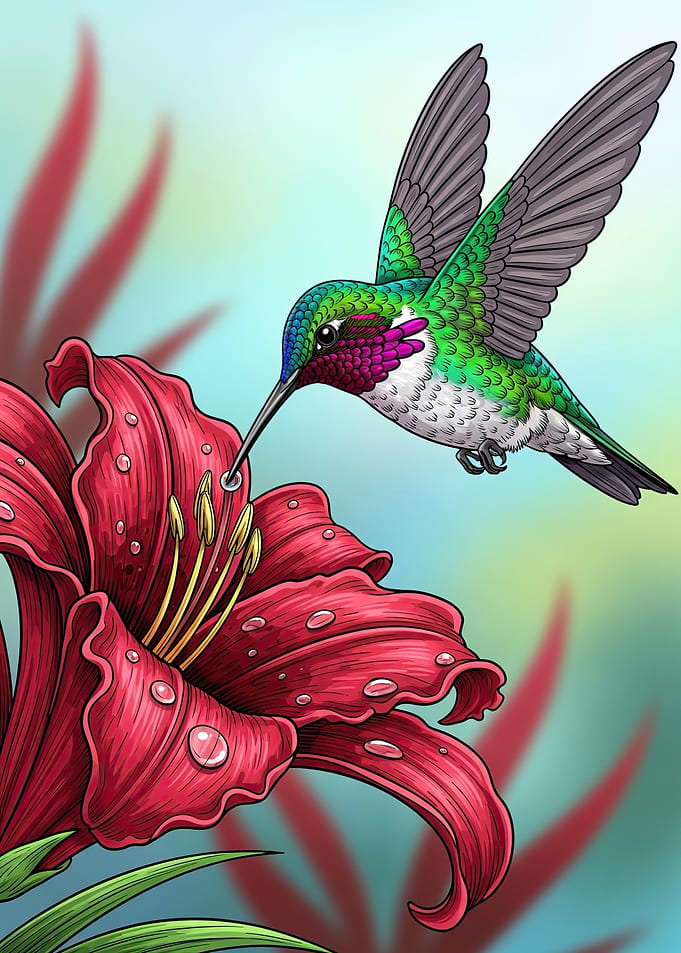 Hummingbird Feeding on a Red Lily