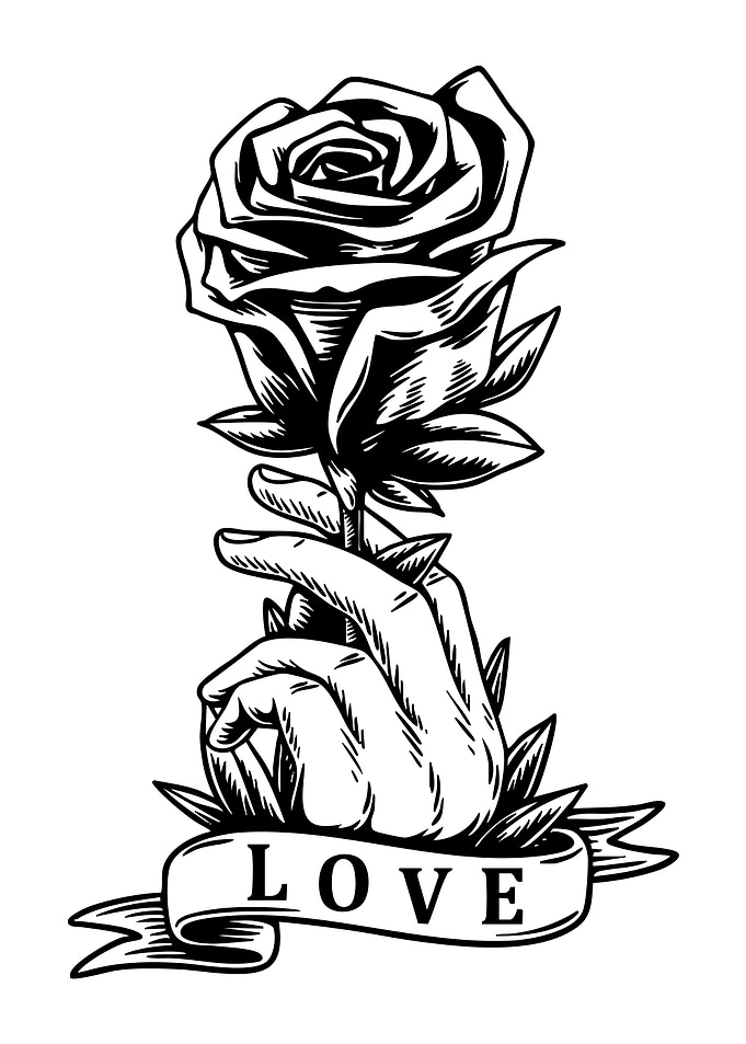 Hand Holding Rose with Love Banner