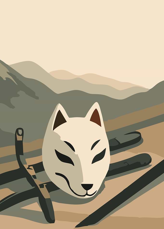 Kitsune Mask in a Mountain Landscape