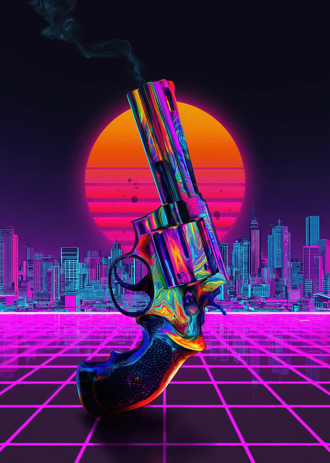 Retro Gun in Neon Cityscape