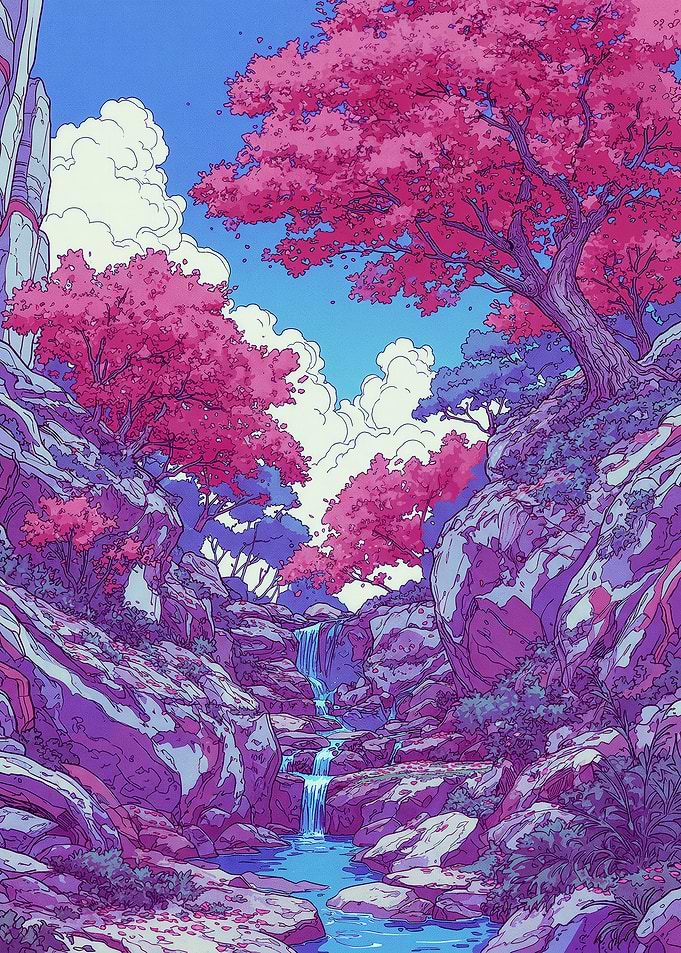 Enchanting Cherry Blossom Waterfall Landscape