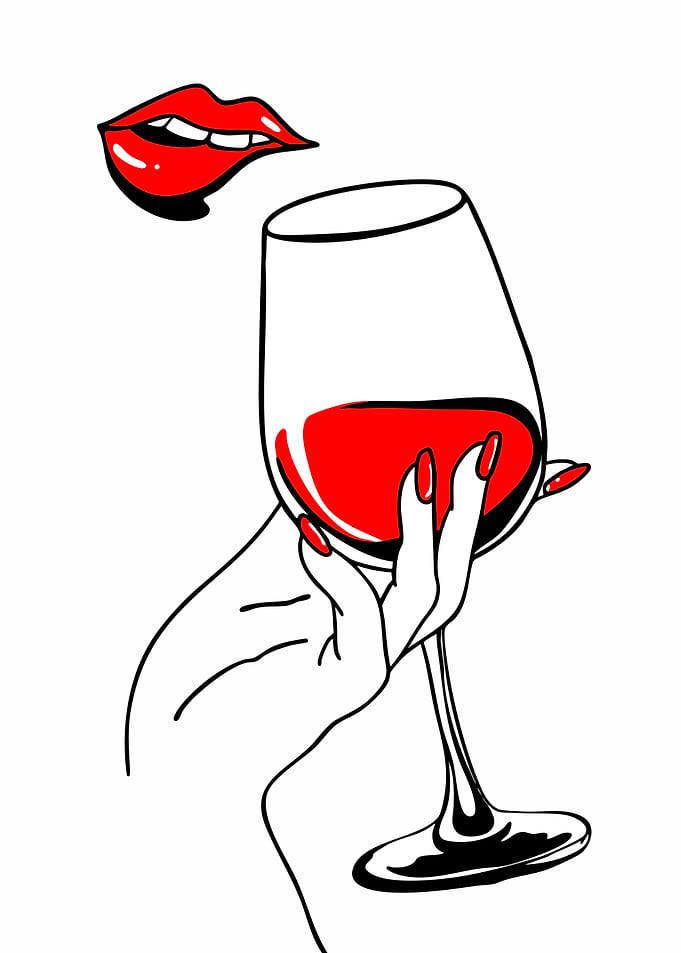 Woman's Hand Holding Wine Glass with Red Lips