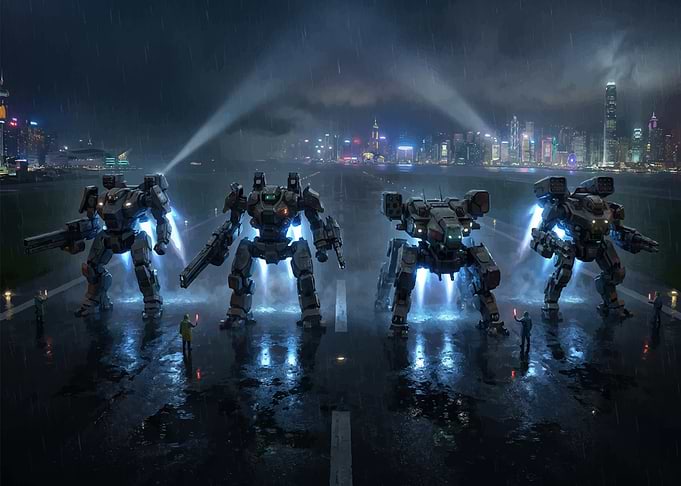 Mechs in a Rainy Cityscape