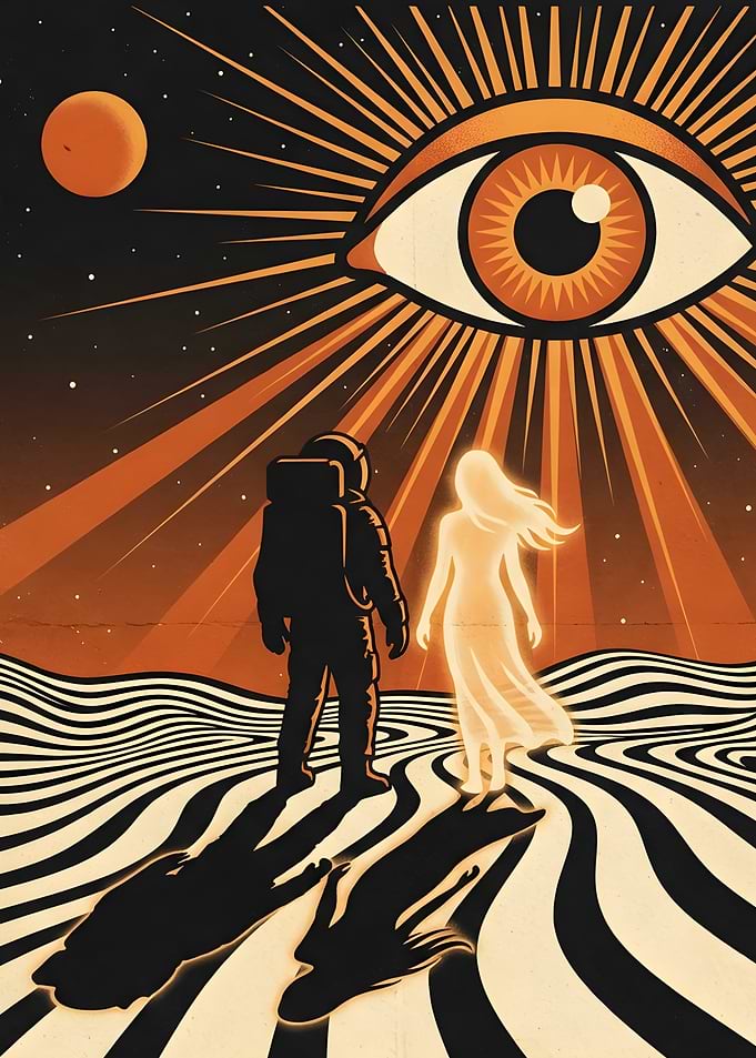 Astronaut and glowing figure in space