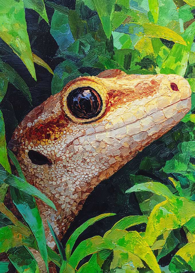 Detailed Lizard Painting Jungle Leaves