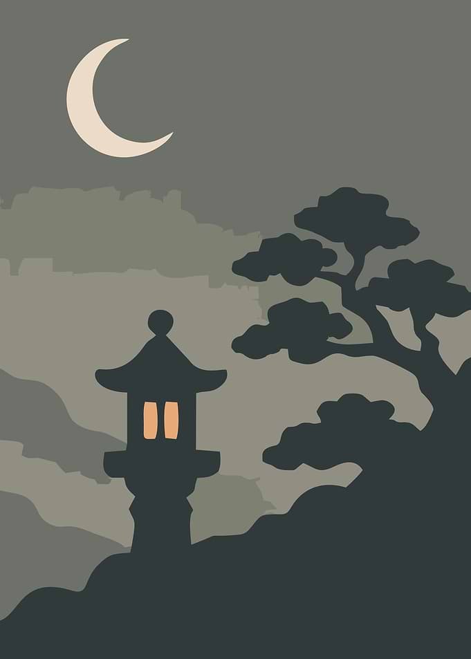Japanese Lantern Under a Crescent Moon