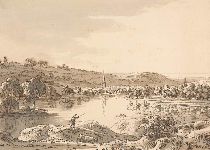 Fisherman by a Lake with Town in Background