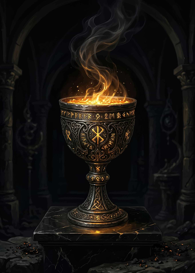 Mystical Flaming Chalice with Runes