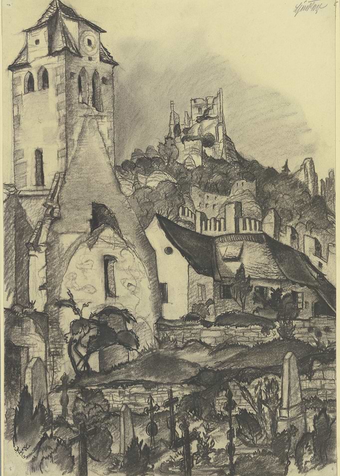 Pencil Sketch of Ruined Castle and Church