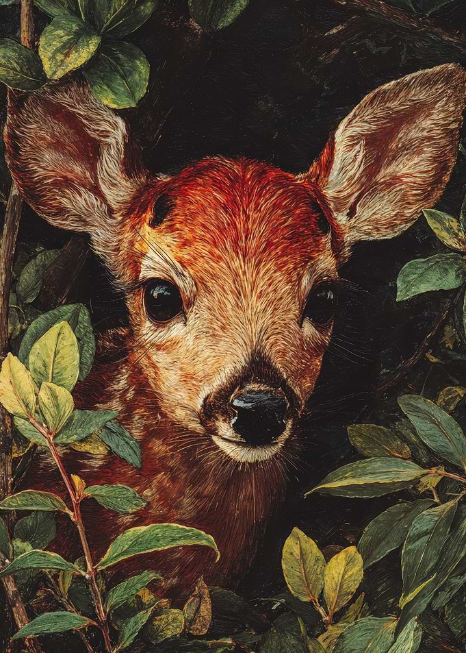 Detailed Fawn Illustration Forest Leaves