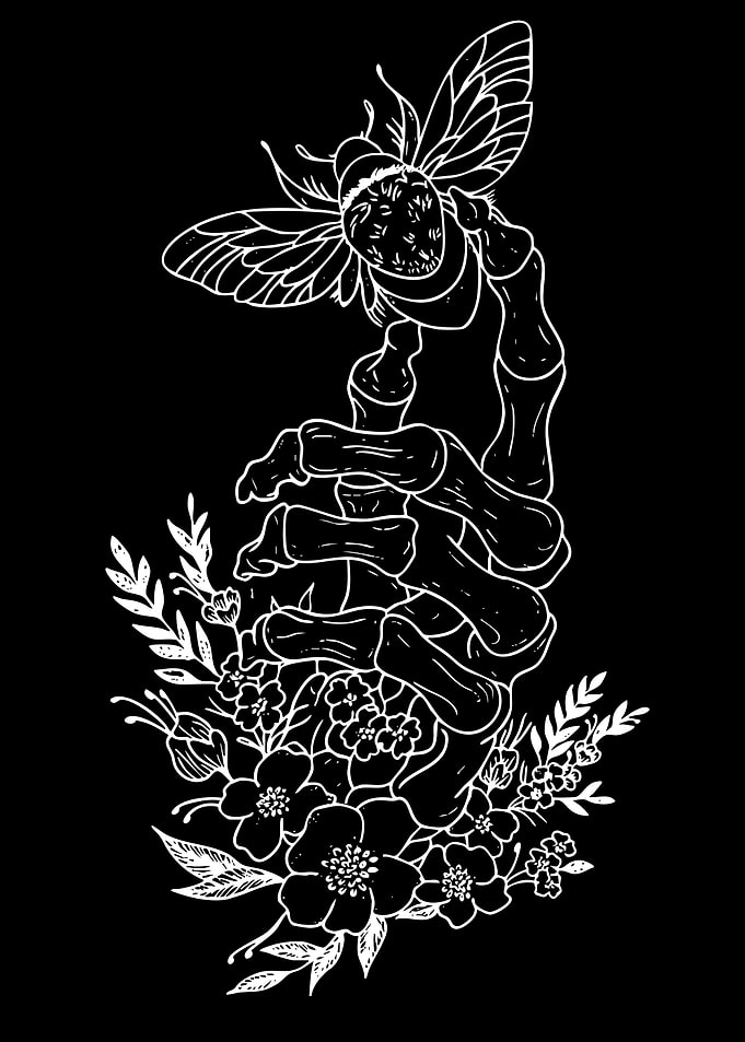 Skeleton Hand with Bee and Flowers