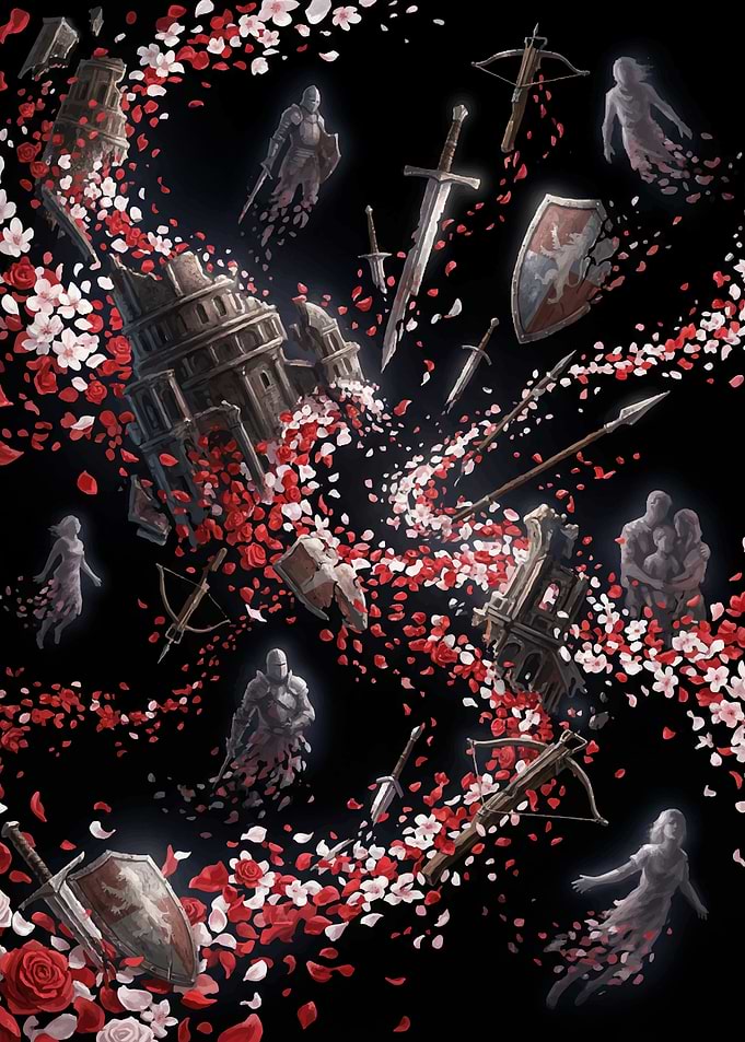 Fantasy battle with falling petals