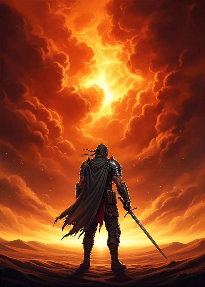 Warrior Facing Fiery Sky