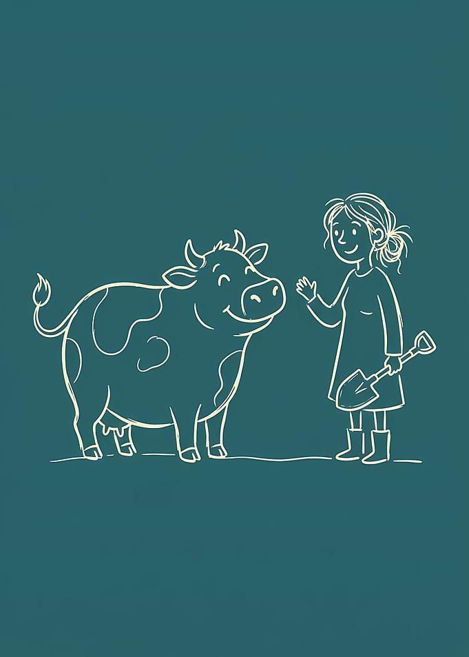 Girl and Cow on Teal Background