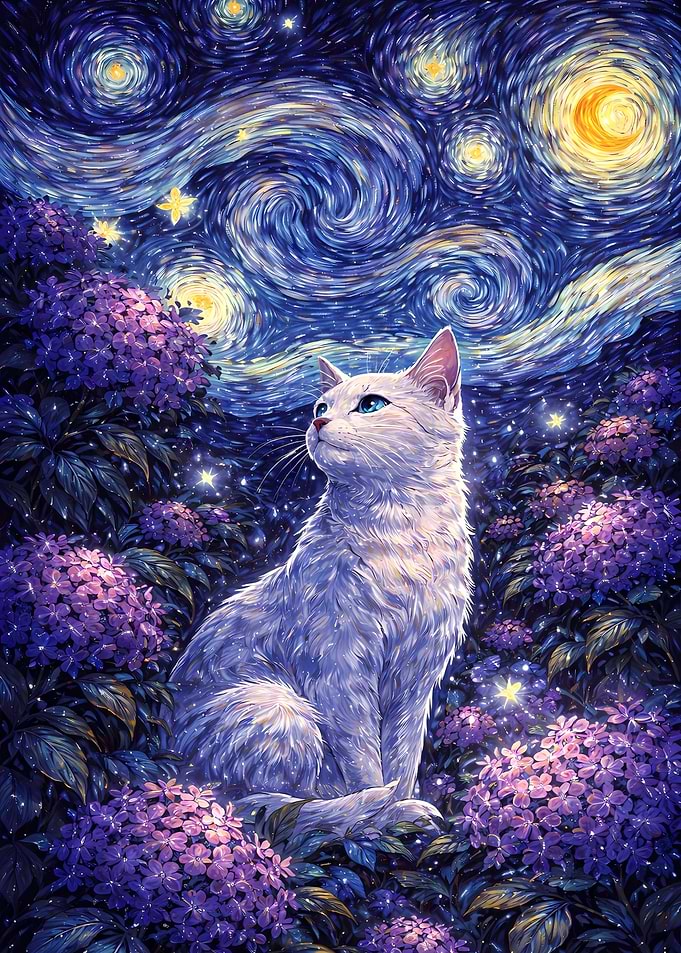 White Cat in Starry Night Garden