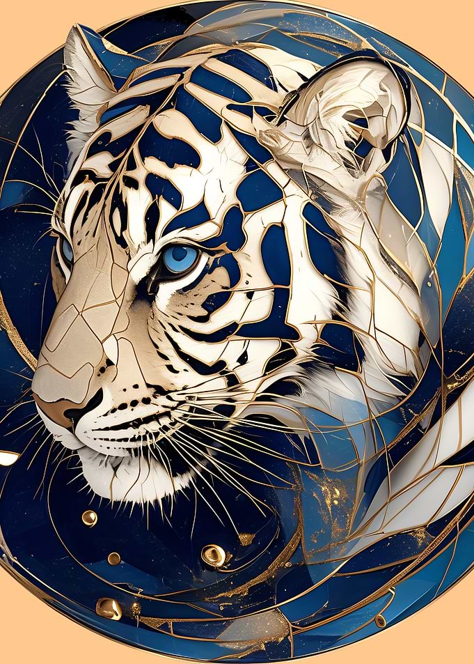 Abstract White Tiger with Blue and Gold Accents