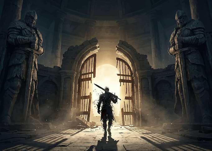 Knight entering a ruined gate