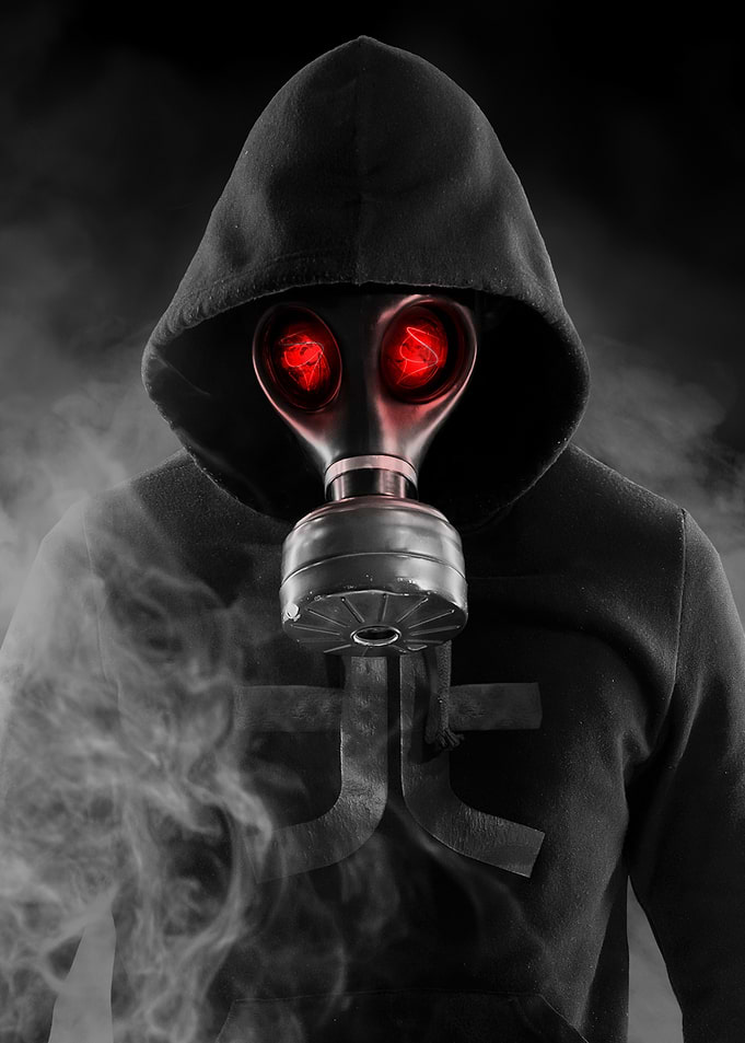 Person in Gas Mask and Hoodie