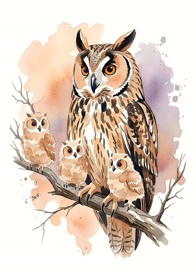Family of Owls on a Branch