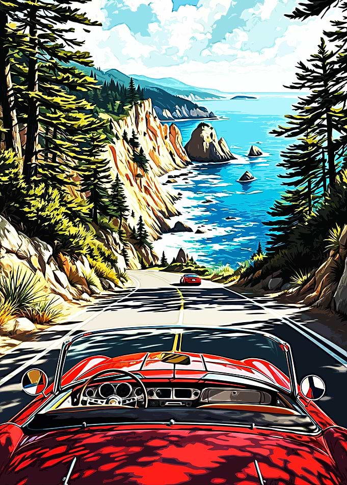 Red Convertible on Scenic Coastal Road