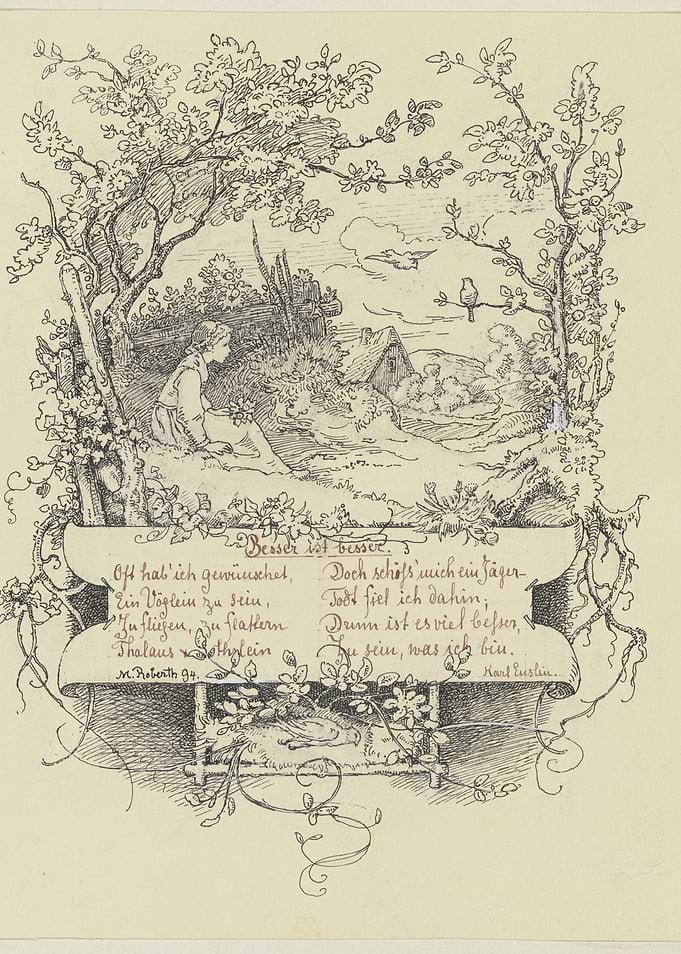 Vintage Illustration with Poem and Nature Scene