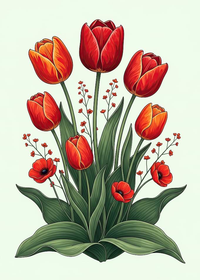 Vibrant Red and Orange Tulips and Poppies