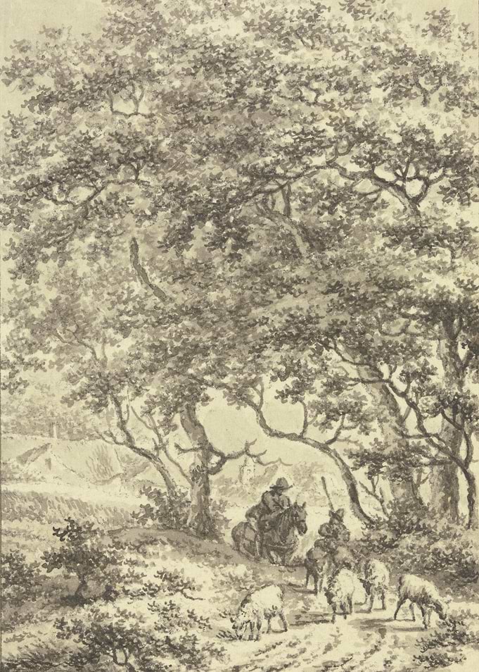 Shepherds and Sheep in a Forest