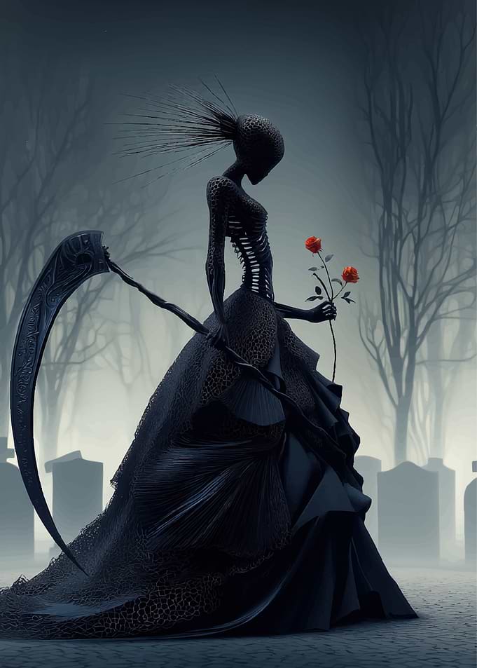 Grim Reaper with Roses in Cemetery