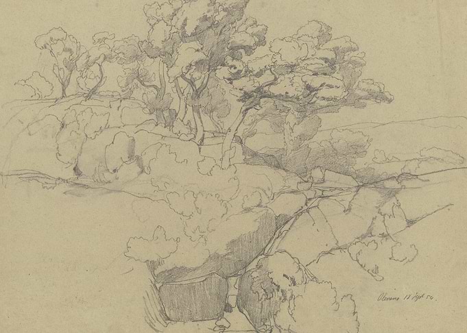 Pencil Sketch of Rocky Landscape with Trees