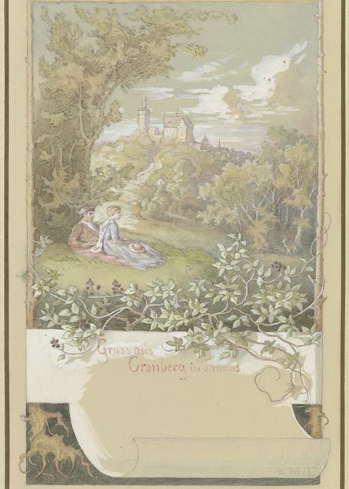 Couple picnicking with castle in background