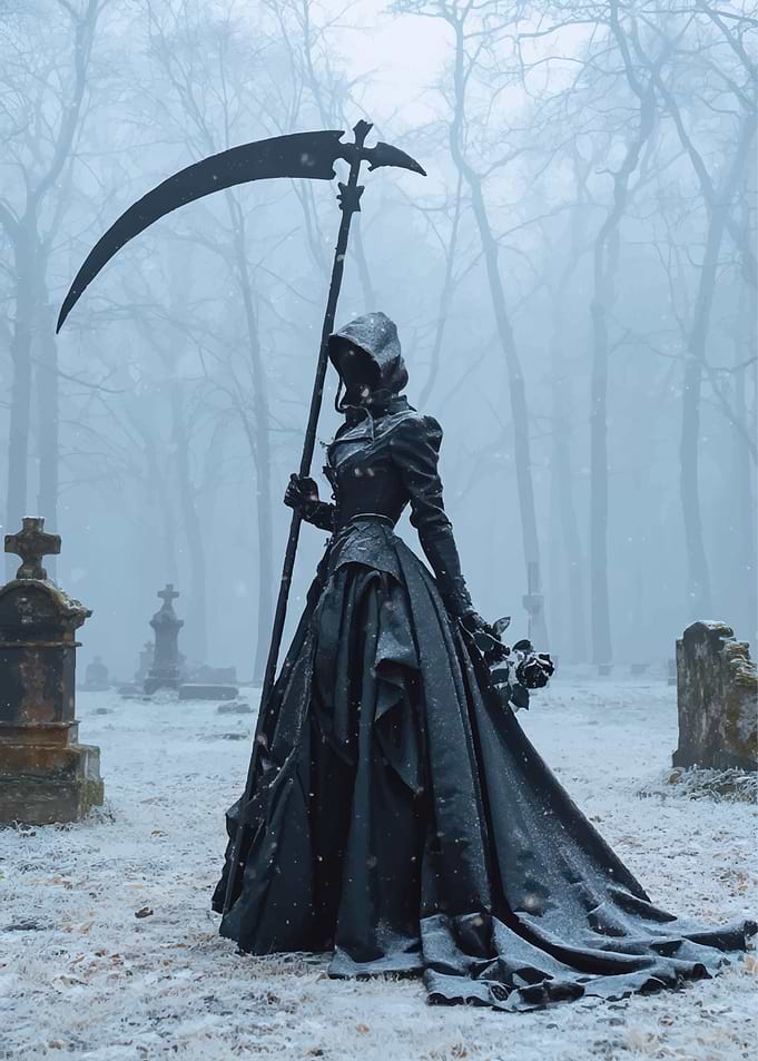 Grim Reaper in a Snowy Cemetery