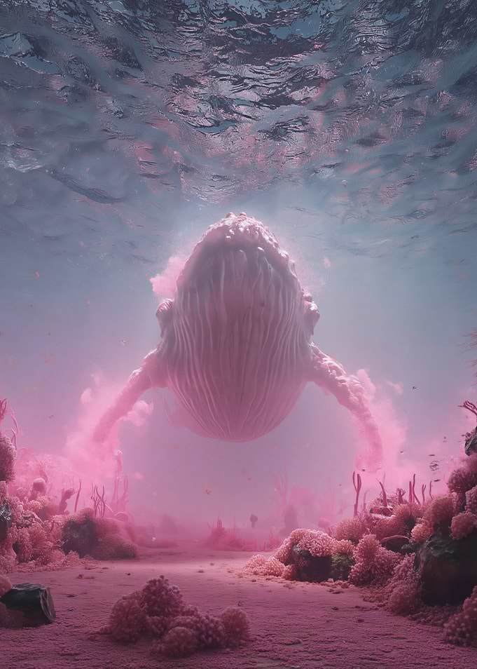 Whimsical Pink Whale in Coral Reef