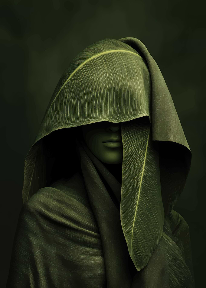 Mysterious Figure in Green Leaves