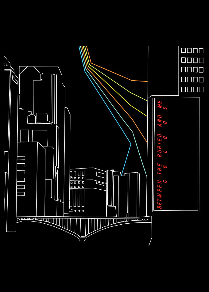 Cityscape with Colorful Lines and Text
