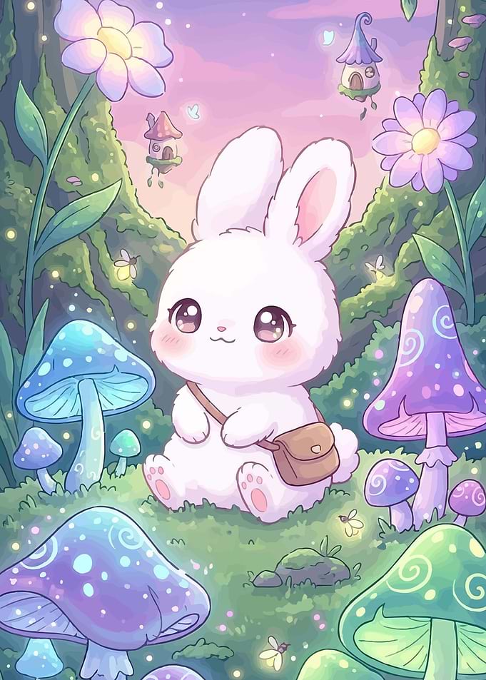 Cute Bunny in a Magical Mushroom Forest