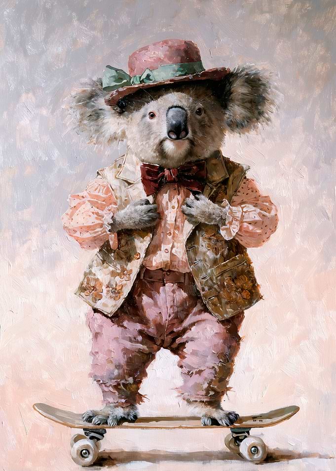 Koala on Skateboard in Vintage Clothes