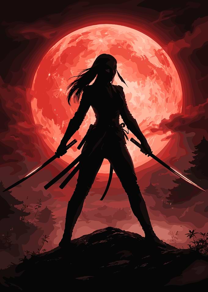 Ninja Silhouette Under a Blood Moon